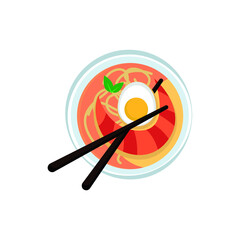 Laksa soup with noodles shrimps fish egg chopsticks spoon bamboo leaf traditional asian cuisine food dish