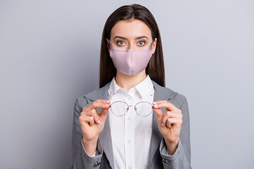Close-up portrait of her she attractive smart clever employee wearing safety cotton textile...