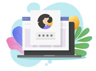 Login password id verification code push message or sms for 2fa account authentication on laptop computer or pc screen vector flat cartoon modern design, two factor or multi factor colorful design