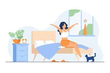 Happy young woman getting up and smiling isolated flat vector illustration. Cartoon healthy girl awakening in bedroom. Morning and comfort concept