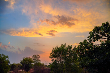 Sunset / sunrise with clouds, Panoramic view of a cloudy sky at sunset