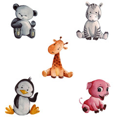 Obraz premium Vector inspiration of some cute and adorable baby animals sitting happily in watercolor artwork.