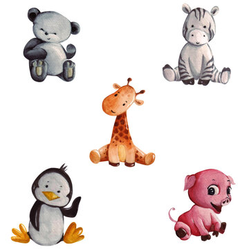 Vector inspiration of some cute and adorable baby animals sitting happily in watercolor artwork.