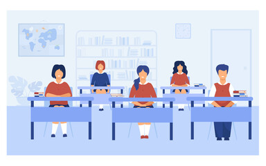 Intelligent pupils studying in classroom isolated flat vector illustration. Cartoon kids sitting at desks during school lesson or exam. Education and learning concept
