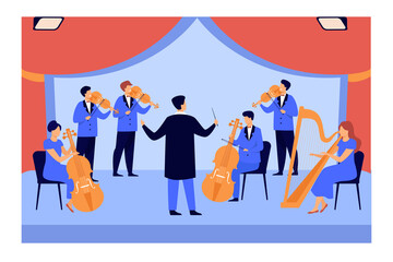 Conductor and musicians playing on violin, harp and cello isolated flat vector illustration. Cartoon symphony orchestra on stage. Classical music and entertainment concept © SurfupVector