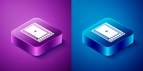 Isometric Online play video icon isolated on blue and purple background. Film strip with play sign. Square button. Vector Illustration.