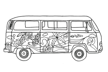 Bus for travel coloring page. Hand-drawn coloring book for children and adults. Beautiful drawings with patterns and small details. See more coloring pages in the collections. Vector