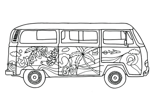 Bus for travel coloring page. Hand-drawn coloring book for children and adults. Beautiful drawings with patterns and small details. See more coloring pages in the collections. Vector
