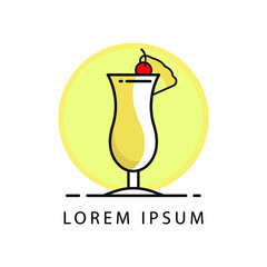 Vector Cartoon Illustration - Glass of Pina Colada with Drinking Straw, Cocktail Umbrella and Pineapple