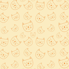 Seamless pattern of sleeping kittens' faces with orange strokes on a beige background doodle vector graphics