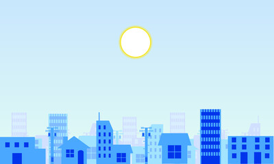 シンプルでアニメ風なベクターの街なかの背景イラスト お昼版（早朝・夕焼け・お昼・夜景・深夜バージョンの、時間帯が違う５点を販売しております。
ベクター版は、太陽・月・星の位置や、手前・中・奥のビルの有無など、ご購入者様で操作しやすいように意識して制作しております。）