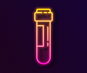Glowing neon line Test tube or flask with blood icon isolated on black background. Laboratory, chemical, scientific glassware sign. Vector Illustration.