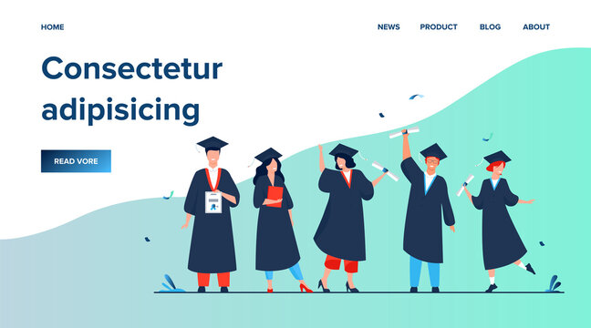 Happy diverse students celebrating graduation from school or colleges, holding diplomas and certificates. Flat vector illustration for education, university party, academic success concept