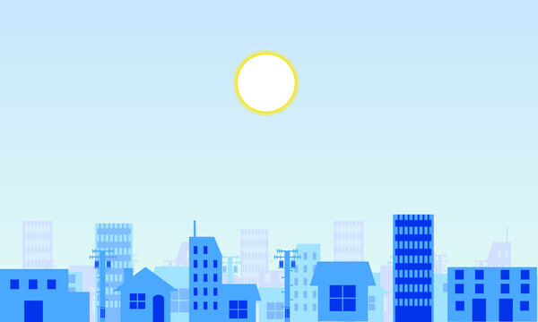 シンプルでアニメ風なベクターの街なかの背景イラスト お昼版（早朝・夕焼け・お昼・夜景・深夜バージョンの、時間帯が違う５点を販売しております。
ベクター版は、太陽・月・星の位置や、手前・中・奥のビルの有無など、ご購入者様で操作しやすいように意識して制作しております。）