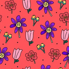 Seamless vector pattern-cute cartoon flowers. Kids, bright background for textiles, prints, packaging paper and other products. - 366438954