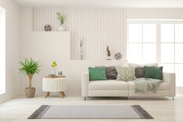 Idea of white minimalist room with sofa. Scandinavian interior design. 3D illustration