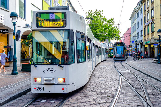 Freiburg, Germany - July 9: tram at the famous old town of Freiburg im Breisgau on July 9, 2020