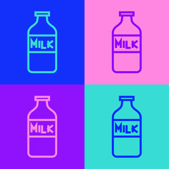 Pop art line Closed glass bottle with milk icon isolated on color background. Vector Illustration.