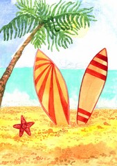 Fototapeta na wymiar watercolor illustration of two yellow and red surfboards on the beach sand next to starfish and palm tree on the background of sea or ocean and blue sky. Template for summer beach holidays