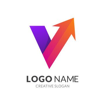 letter v and arrow logo template, modern 3d logo style in gradient purple and orange color