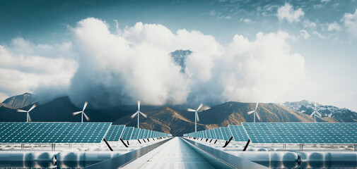 Floating solar power plant and offshore wind  turbine farm with majestic mountain background. 3d rendering.