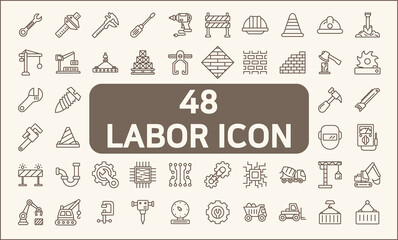 Set of 48 labor and construction icon line style. Contains such Icons as industrial equipment, industry, tools, engineering, machinery, working, work, project, job and more.