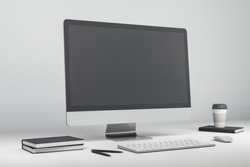 Mock up of modern computer screen on white table. 3D Rendering