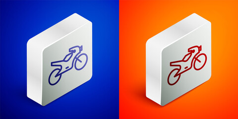 Isometric line Motorcycle icon isolated on blue and orange background. Silver square button. Vector Illustration.