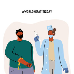 World Hepatitis Day. A young man checks his health and takes a blood test for hepatitis. Nurse with a syringe. Nice vector flat illustration in cartoon style with hashtag from WHO. 