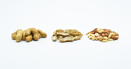 Peanuts in shell and without shells isolated on white background with clipping path.