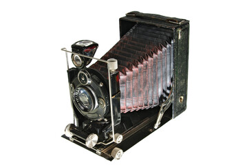 Foldable photo camera with leather fur. Isolated on white.