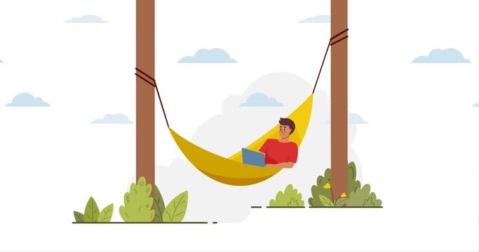 Young man working behind laptop in hammock. Clouds float, hammock and plants sway. Vector flat cartoon animation concept
