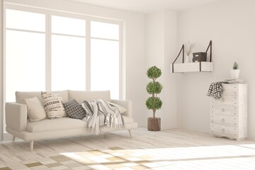 White living room with sofa. Scandinavian interior design. 3D illustration