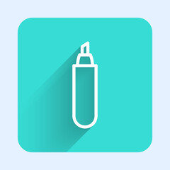 White line Marker pen icon isolated with long shadow. Green square button. Vector Illustration.
