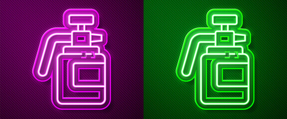 Glowing neon line Garden sprayer for water, fertilizer, chemicals icon isolated on purple and green background. Vector Illustration.