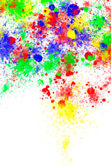 Bright multicolored splashes of paint on a white background. Space for text. Vertical background for social networks.