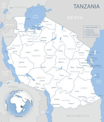 Blue-gray detailed map of Tanzania administrative divisions and location on the globe.