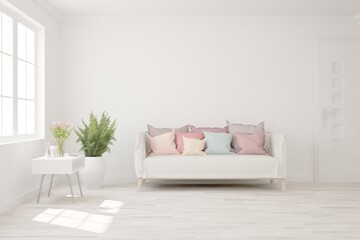 White living room with sofa. Scandinavian interior design. 3D illustration