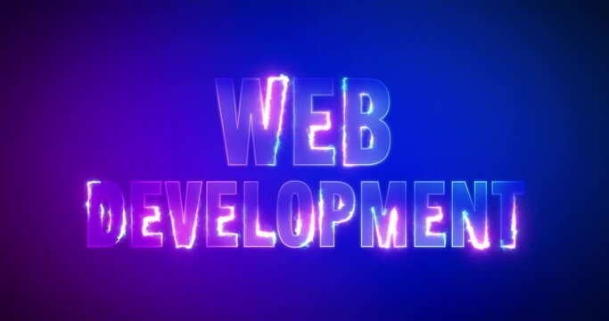 Web Development. Electric lightning words. Burning Logotype on purple blue background. High quality 4k footage