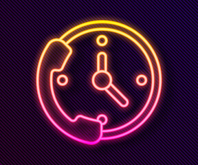 Glowing neon line Telephone 24 hours support icon isolated on black background. All-day customer support call-center. Full time call services. Vector Illustration.