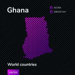 Vector striped map of Ghana in violet colors on the dark striped background