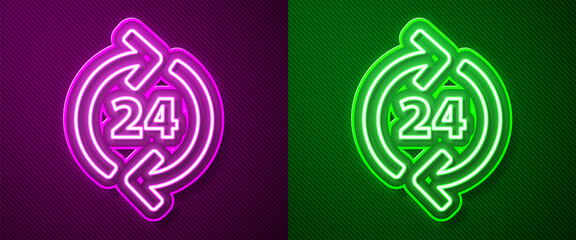 Glowing neon line Telephone 24 hours support icon isolated on purple and green background. All-day customer support call-center. Full time call services. Vector Illustration.