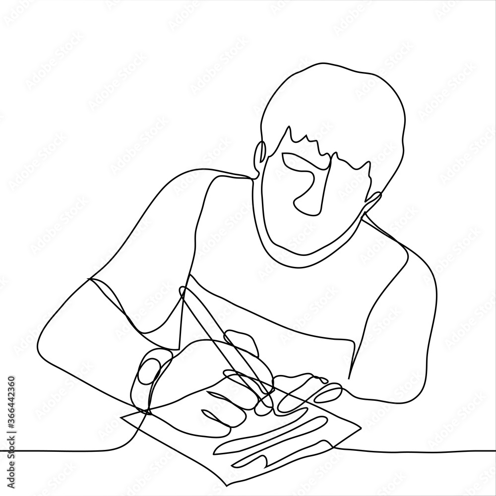 Wall mural man in a T-shirt and a watch writes with a pen on a sheet of paper. One continuous line art man does lettering / calligraphy / writes letter / signs documents.