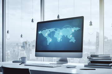 Abstract creative world map with connections on modern laptop screen, international trading concept. 3D Rendering