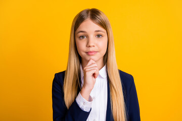Close-up portrait of her she nice attractive pensive brainy schoolchild nerd geek creating strategy...