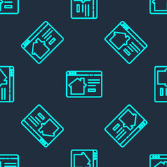 Green line Online real estate house in browser icon isolated seamless pattern on blue background. Home loan concept, rent, buy, buying a property. Vector Illustration.