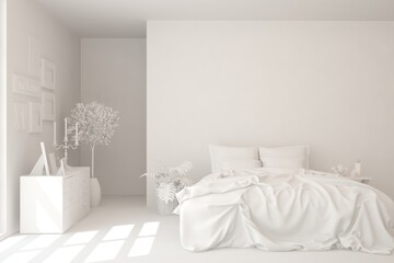 White bedroom interior. Scandinavian design. 3D illustration