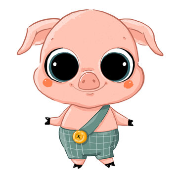 Illustration of a cute cartoon pig with big eyes in a green overalls isolated on a white background