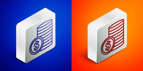 Isometric line Coin money with dollar symbol icon isolated on blue and orange background. Banking currency sign. Cash symbol. Silver square button. Vector Illustration.