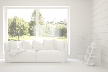 White living room with sofa and summer landscape in window. Scandinavian interior design. 3D illustration